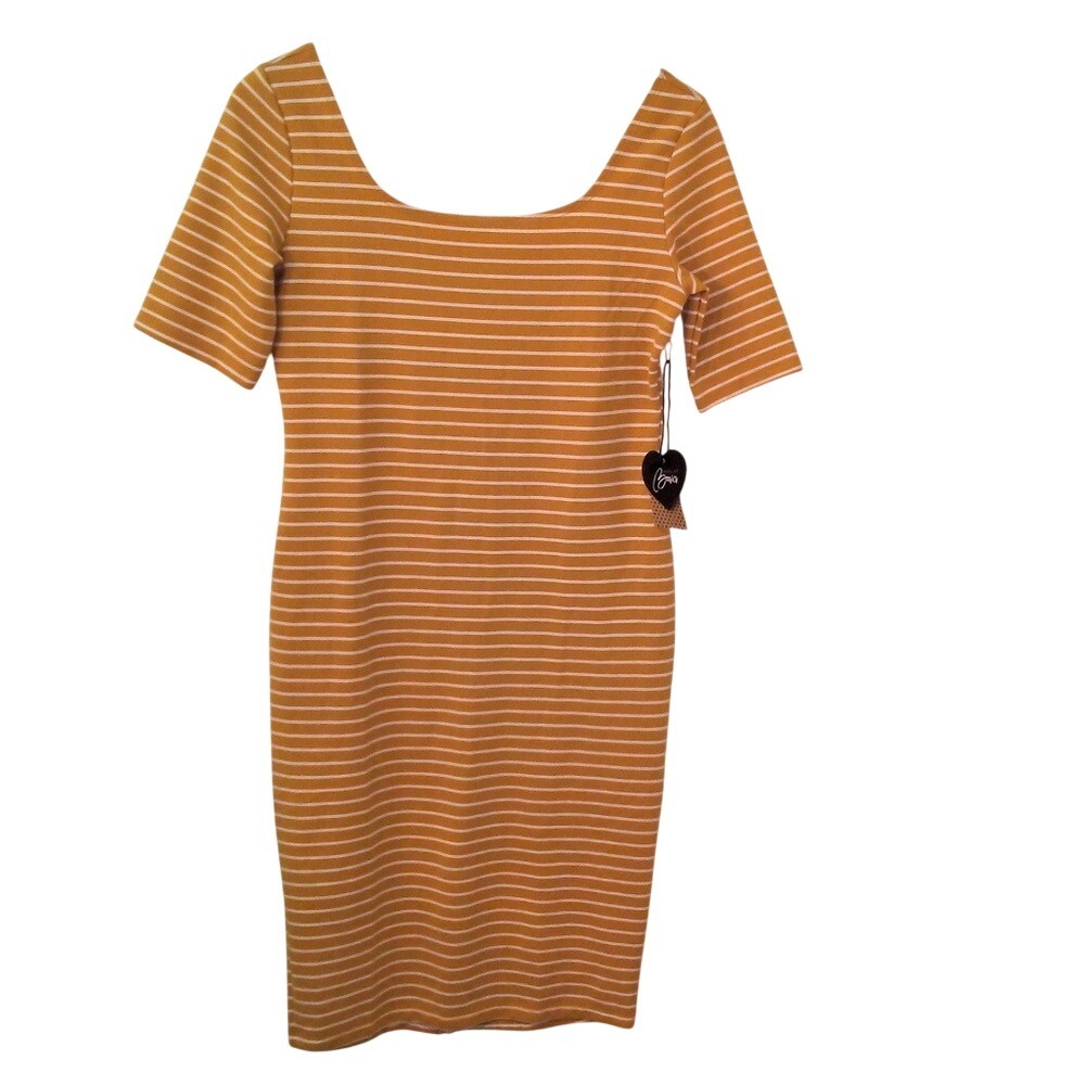 Popular Basics Mustard Yellow White Striped Bodycon Midi Dress Short Sleeve L
